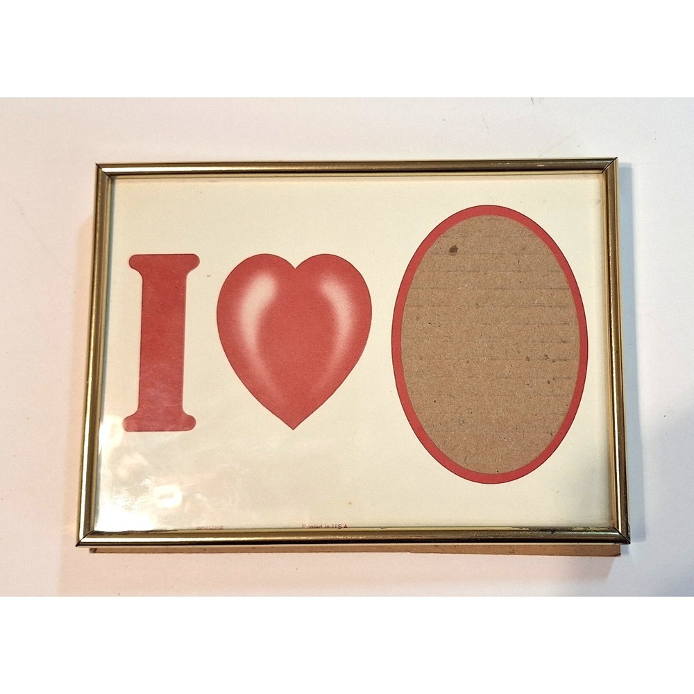 Vintage I Heart Photo Frame Gold Tone Metal 5x7 Tabletop Easel Stand Red Graphic